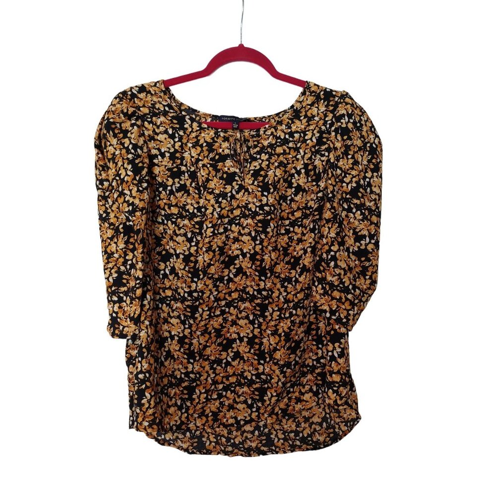 Adrienne Vittadini Black & Yellow Floral Blouse With 3/4 Sleeves Size L